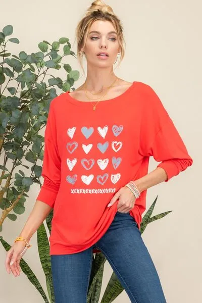 Heart Graphic Long Sleeve T-Shirt - Neon Red