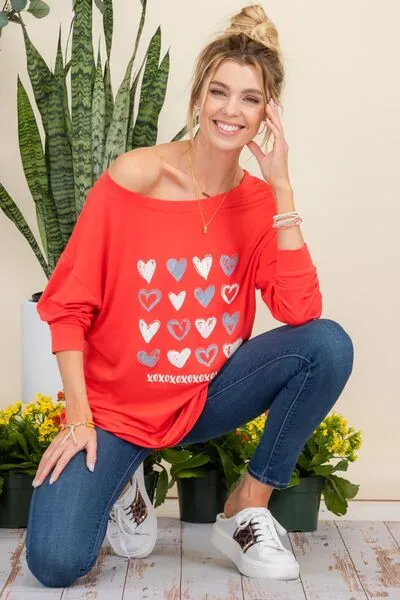 Heart Graphic Long Sleeve T-Shirt - Neon Red