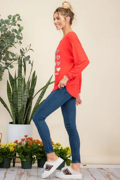 Heart Graphic Long Sleeve T-Shirt - Neon Red