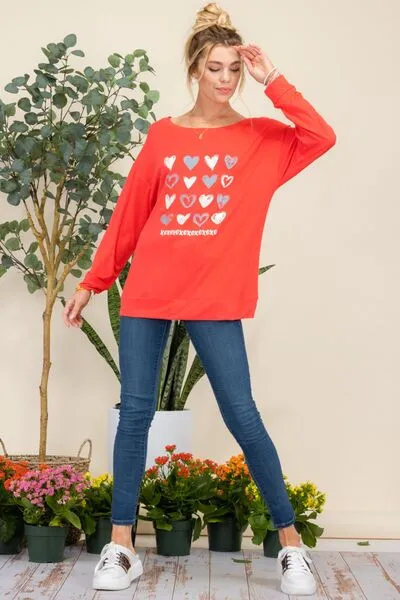 Heart Graphic Long Sleeve T-Shirt - Neon Red