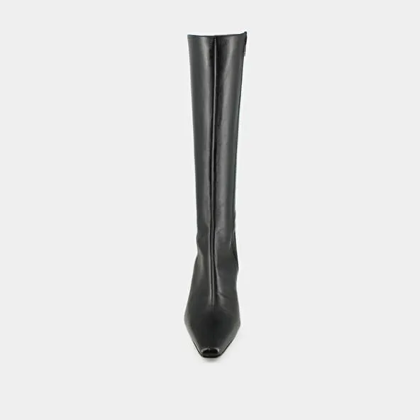 Heeled boots with pointed toes in black leather