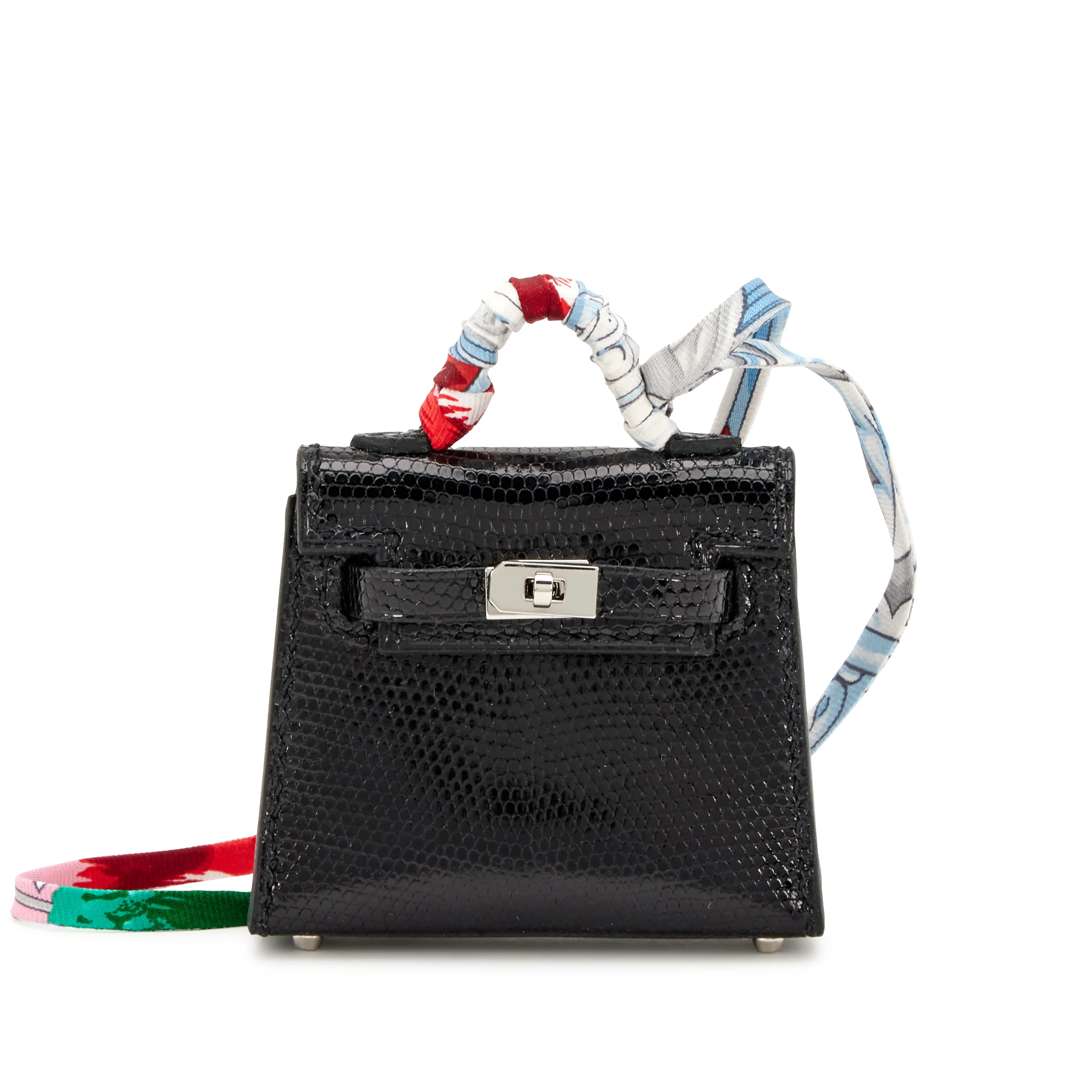 Hermès Black Shiny Niloticus Lizard Micro Mini Twilly Kelly Bag Charm Palladium Hardware, 2019