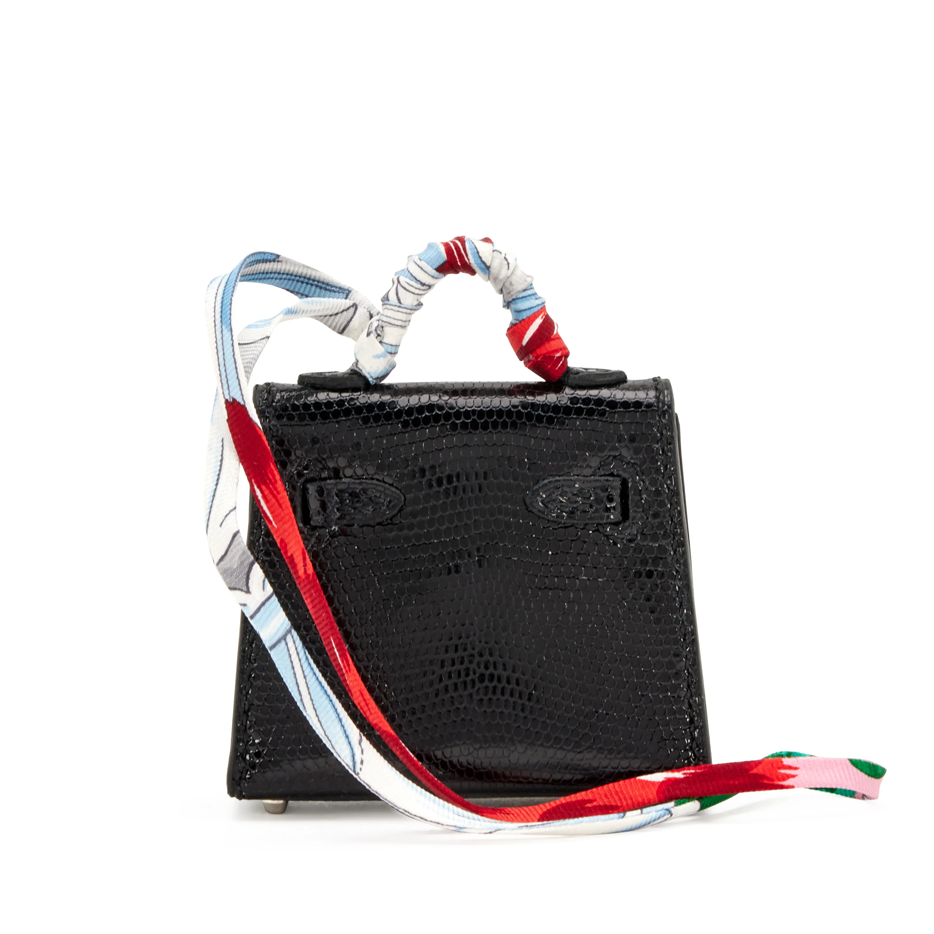 Hermès Black Shiny Niloticus Lizard Micro Mini Twilly Kelly Bag Charm Palladium Hardware, 2019