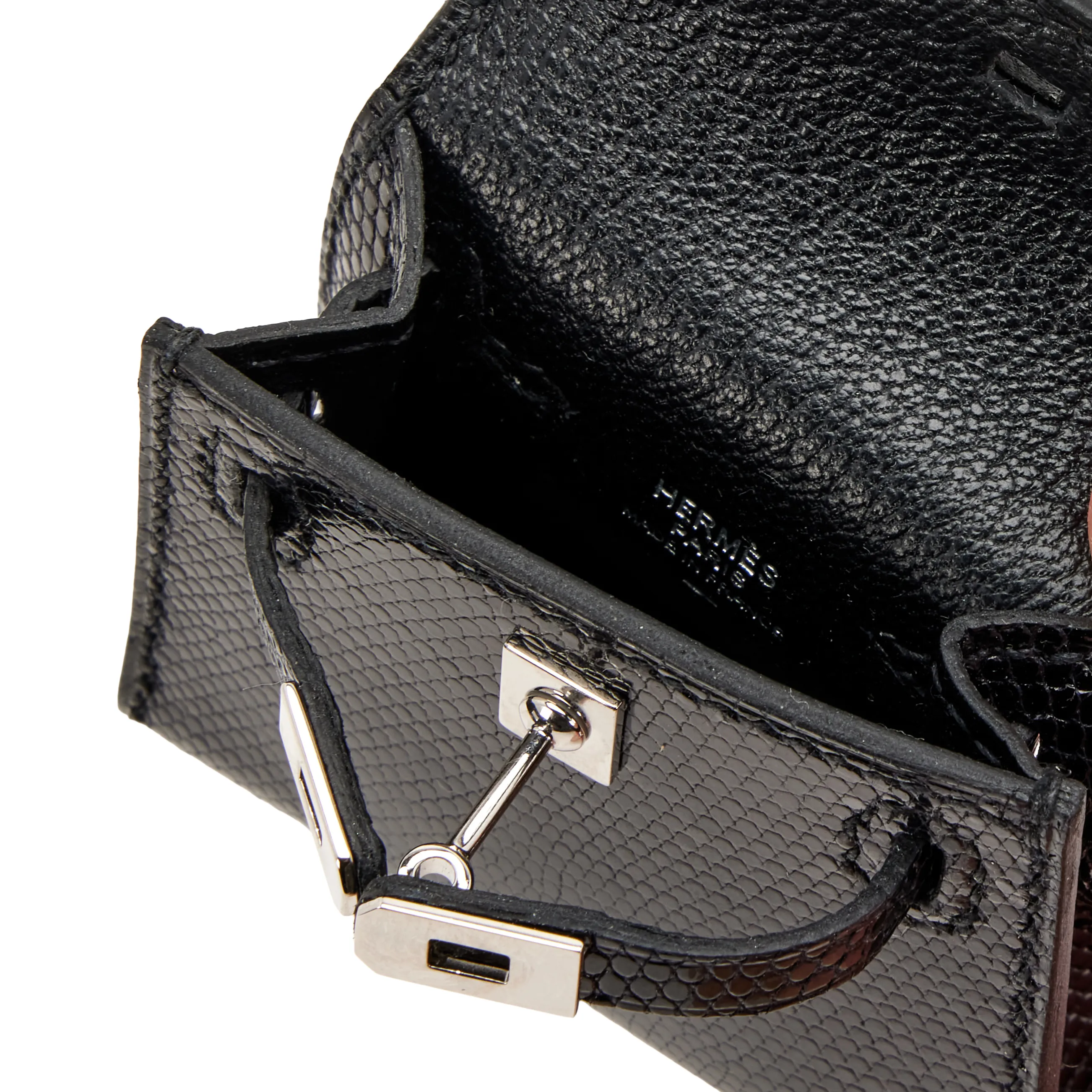 Hermès Black Shiny Niloticus Lizard Micro Mini Twilly Kelly Bag Charm Palladium Hardware, 2019