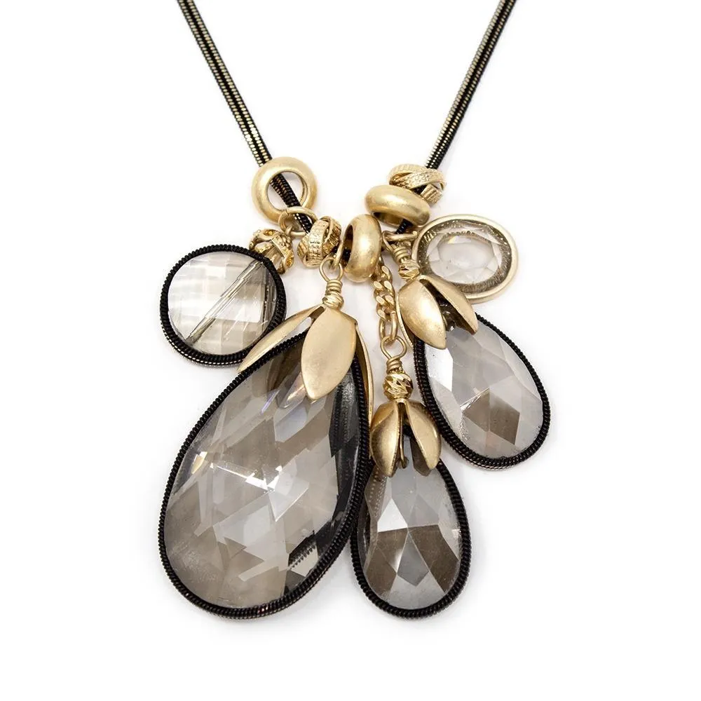 Liquid Metal Long Necklace with Glass Teardrops Pendant Gold/Black