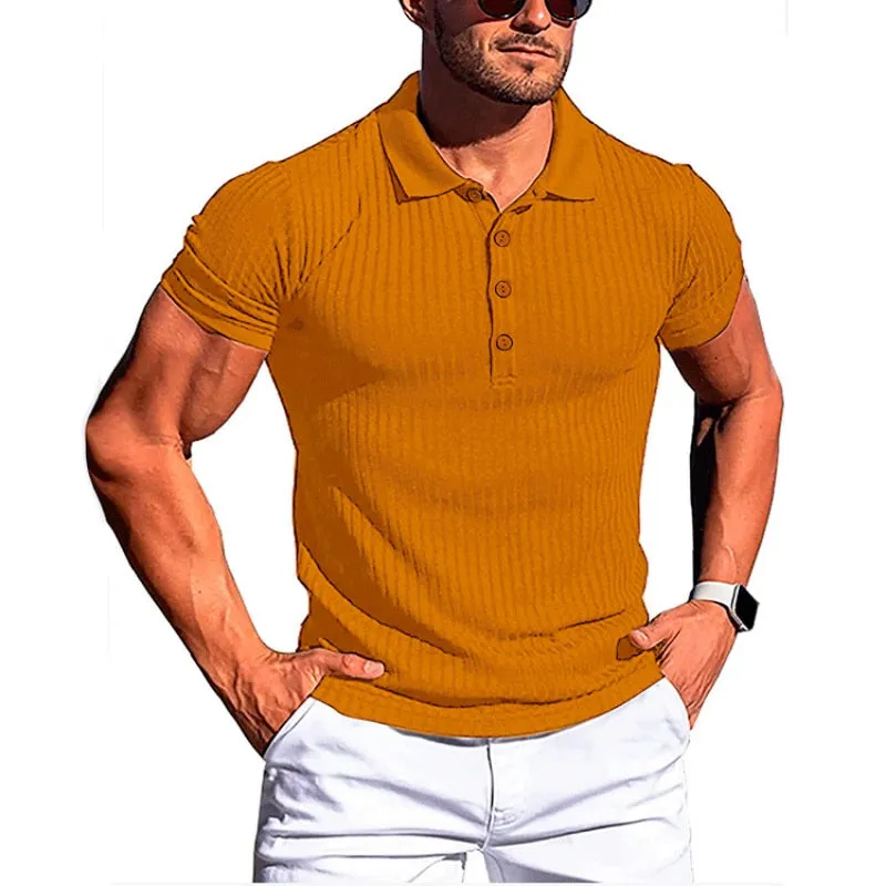 Men's Summer Casual Striped Fitness Slim Fit Short Sleeve Polo T-Shirt