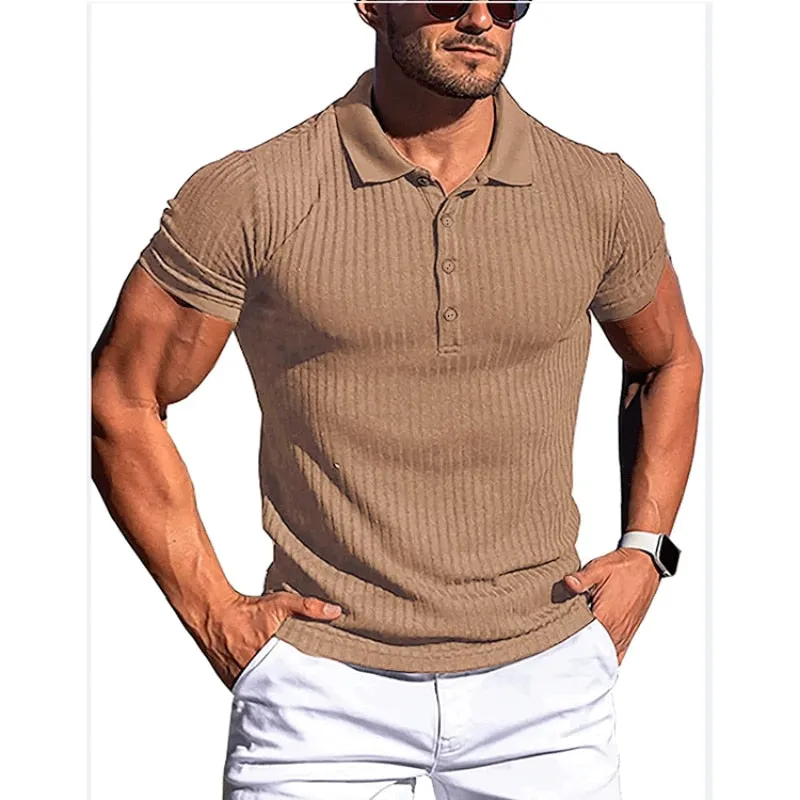 Men's Summer Casual Striped Fitness Slim Fit Short Sleeve Polo T-Shirt