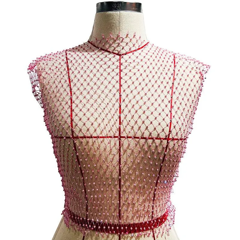 Mesh Crop Top Rhinestones Party See Through Fishnet