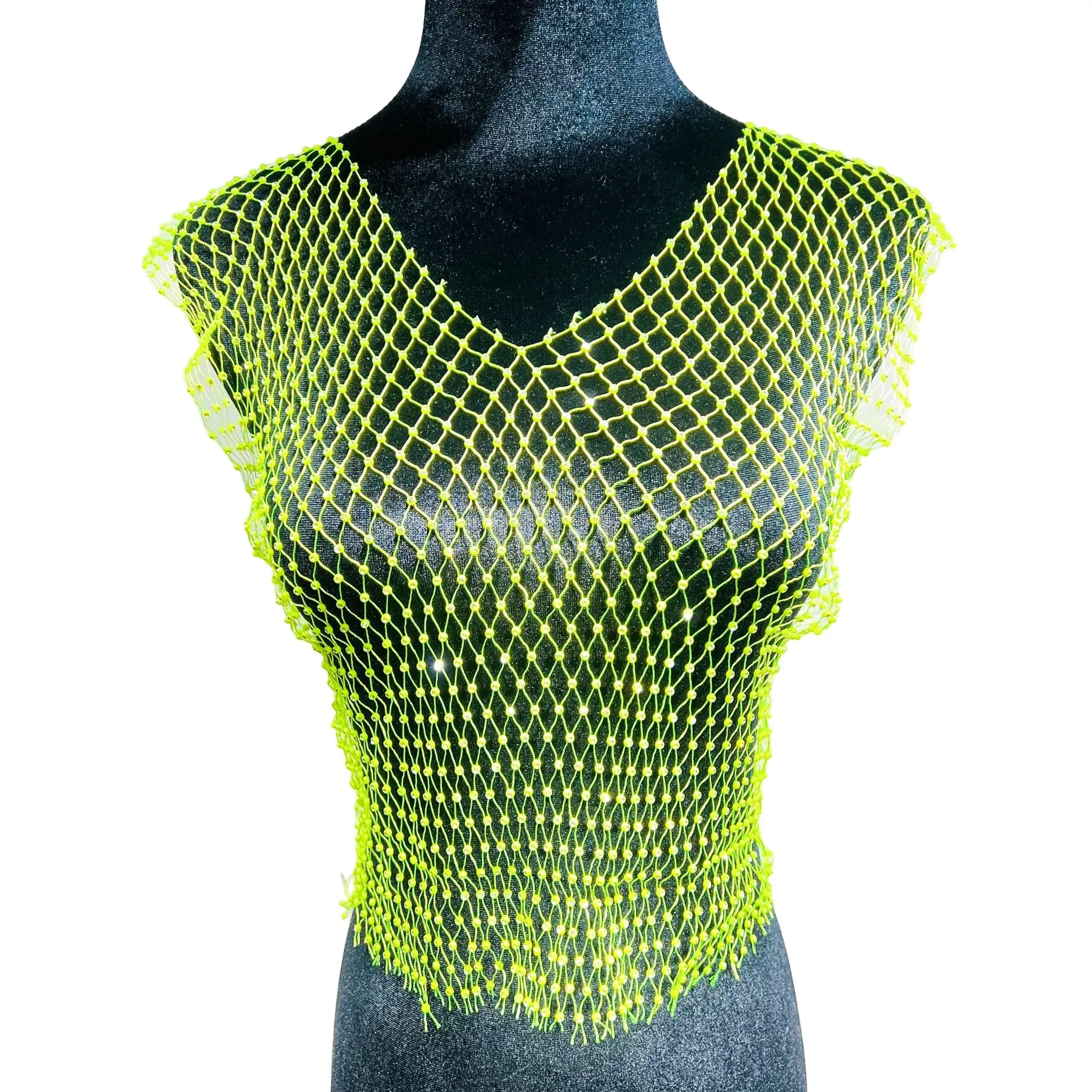 Mesh Crop Top Rhinestones Party See Through Fishnet