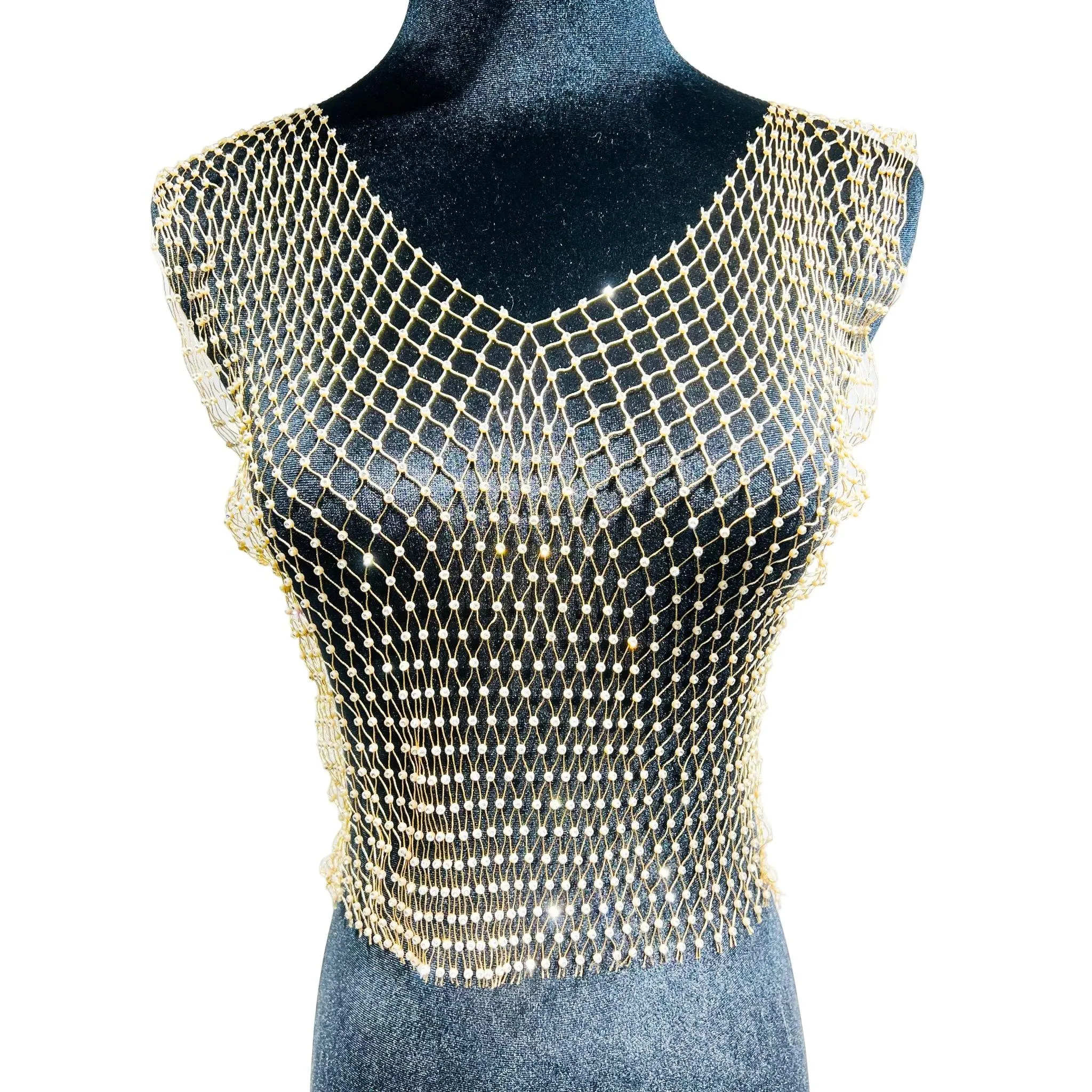 Mesh Crop Top Rhinestones Party See Through Fishnet