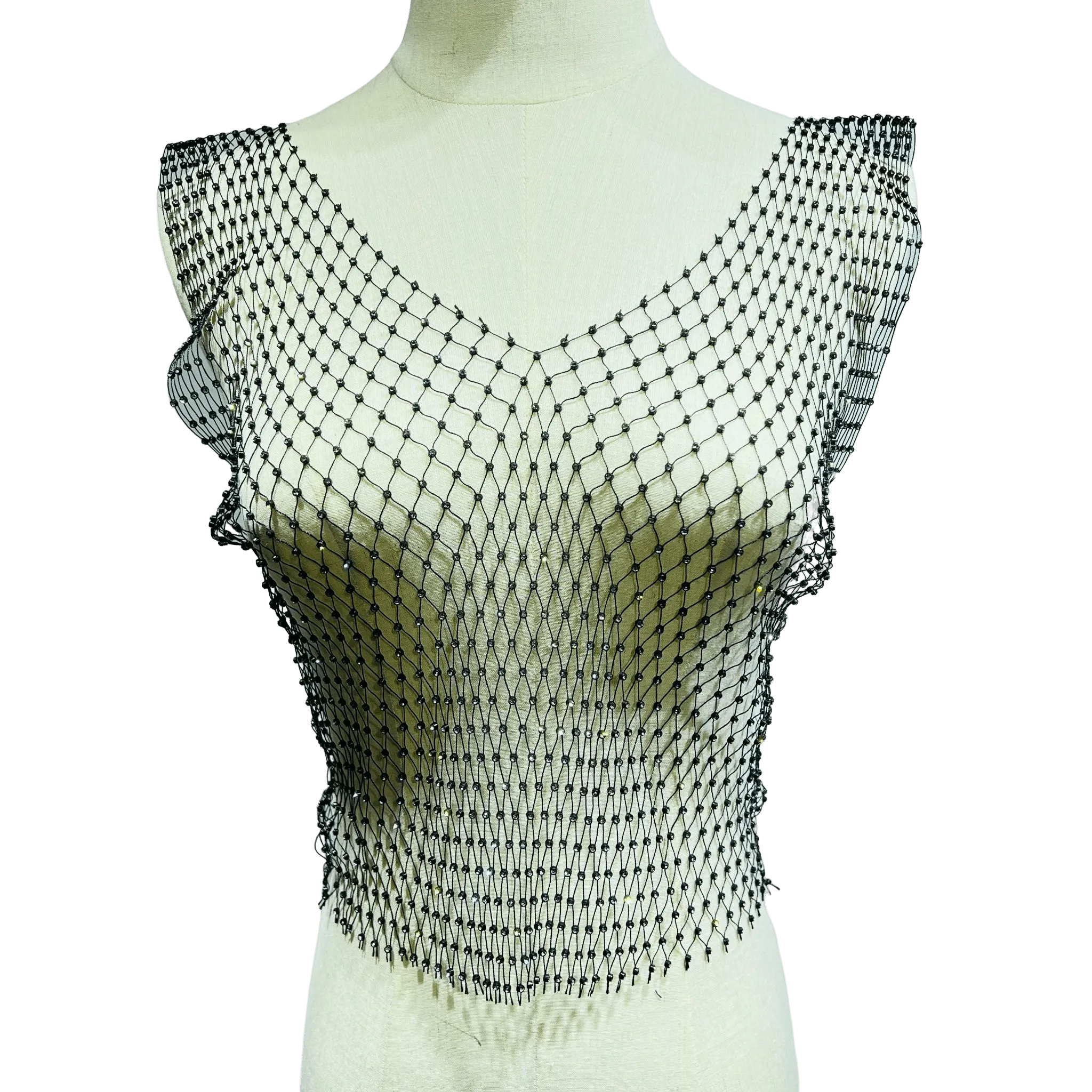 Mesh Crop Top Rhinestones Party See Through Fishnet