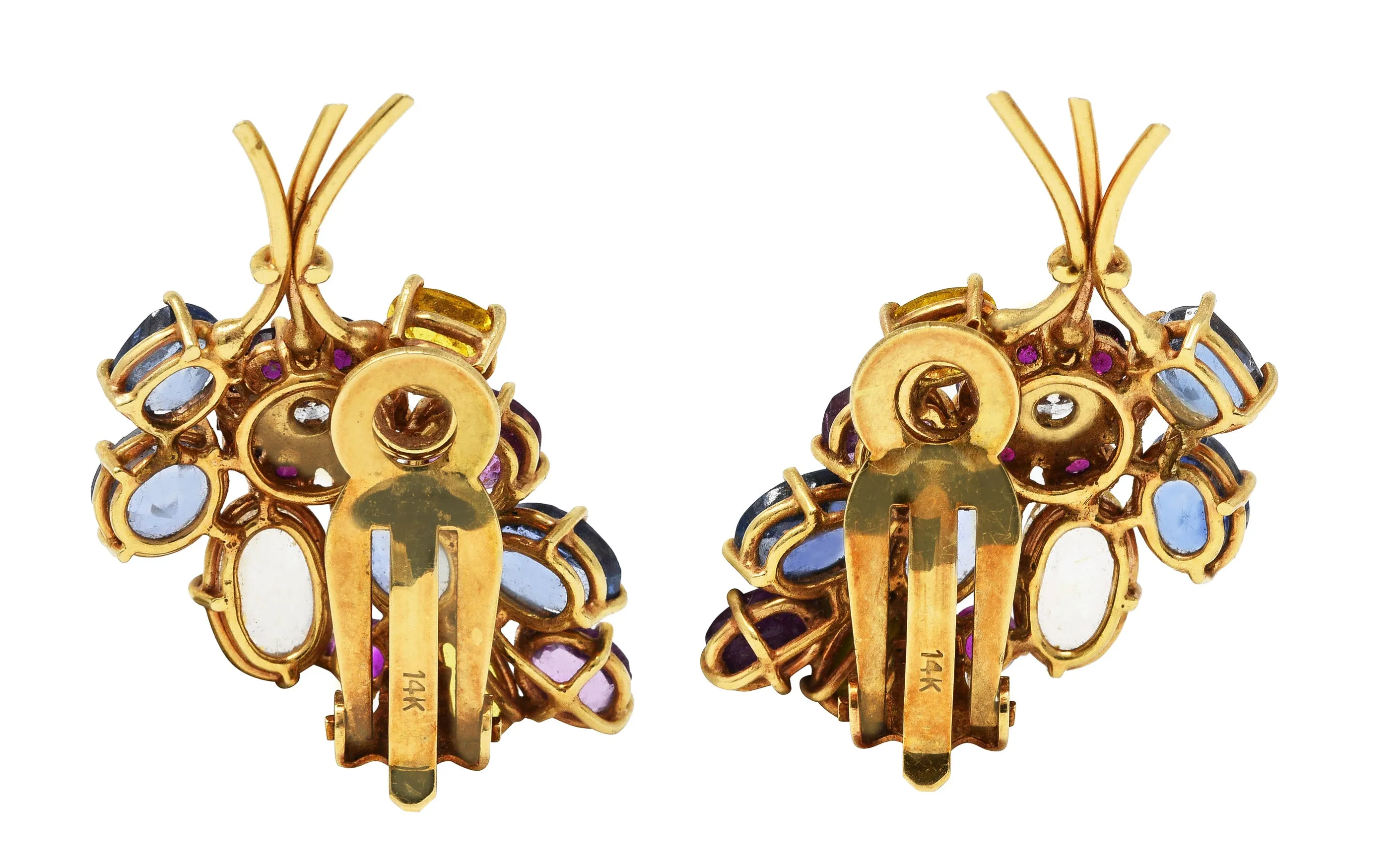 Mid-Century 9.00 CTW Sapphire & Fancy Sapphire Ruby Diamond 14 Karat Rose Gold Ear-Clip Earrings