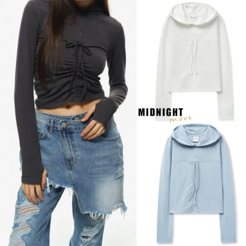 MIDNIGHT MOVE  |Street Style Long Sleeves Plain Logo Cropped Tops