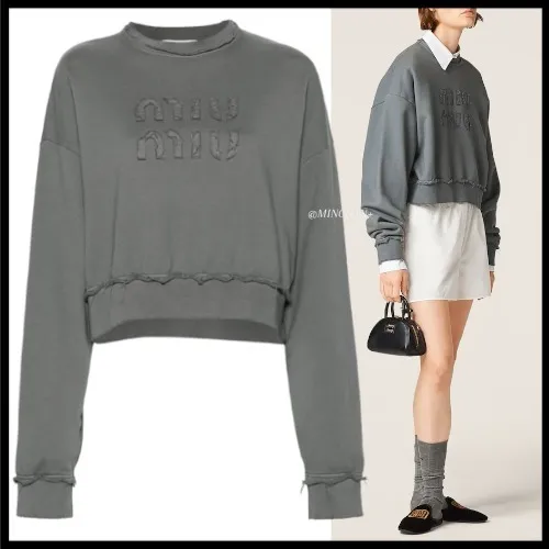 MiuMiu  |Crew Neck Street Style Long Sleeves Plain Cotton Logo