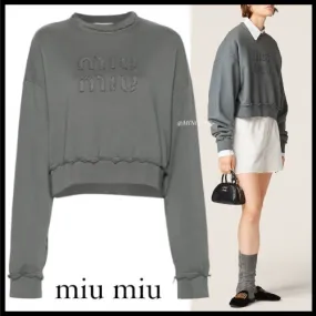 MiuMiu  |Crew Neck Street Style Long Sleeves Plain Cotton Logo