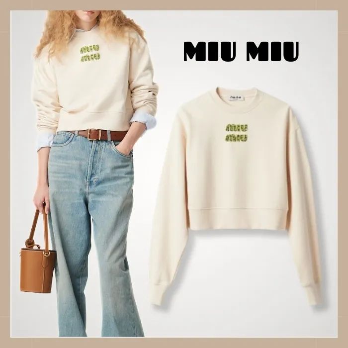 MiuMiu  |Crew Neck Unisex Street Style Long Sleeves Plain Cotton Logo