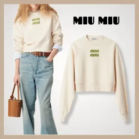 MiuMiu  |Crew Neck Unisex Street Style Long Sleeves Plain Cotton Logo