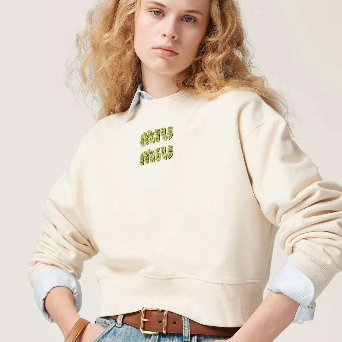 MiuMiu  |Crew Neck Unisex Street Style Long Sleeves Plain Cotton Logo