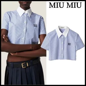 MiuMiu  |Stripes Casual Style Cotton Short Sleeves Elegant Style Logo