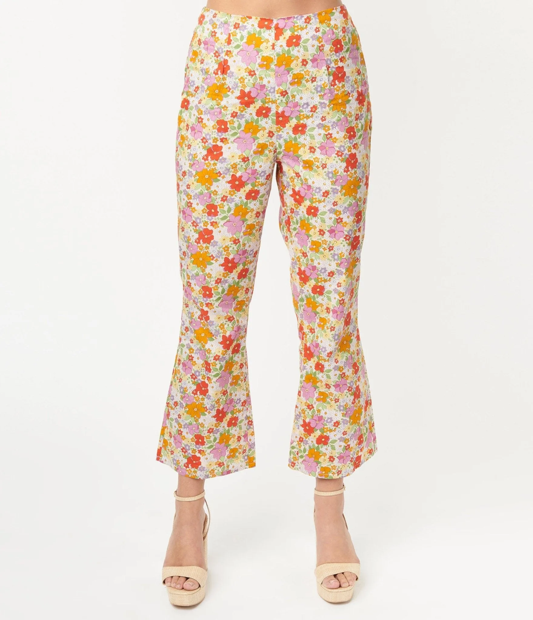 Multicolor Retro Floral Flare Pants