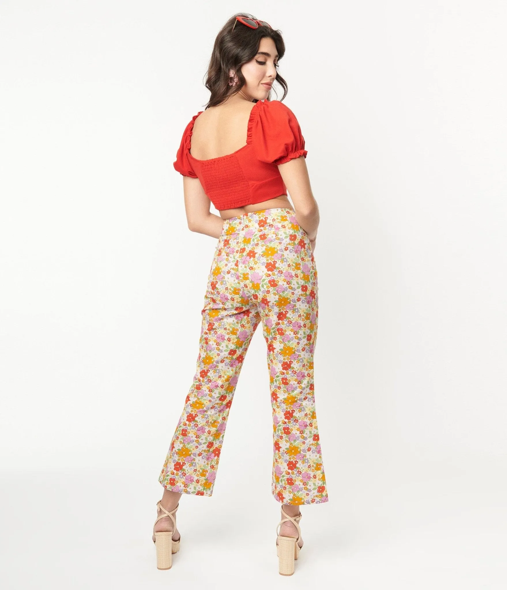 Multicolor Retro Floral Flare Pants