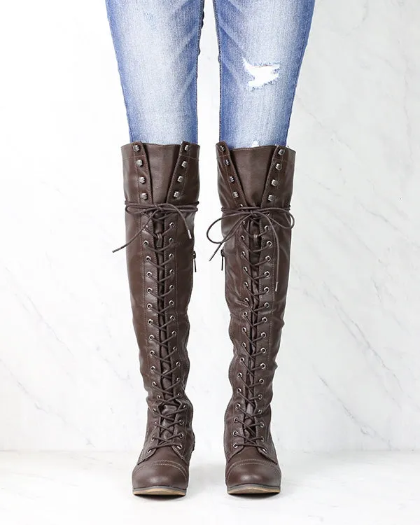 Over The Knee Laced Up Boots in Dark Brown