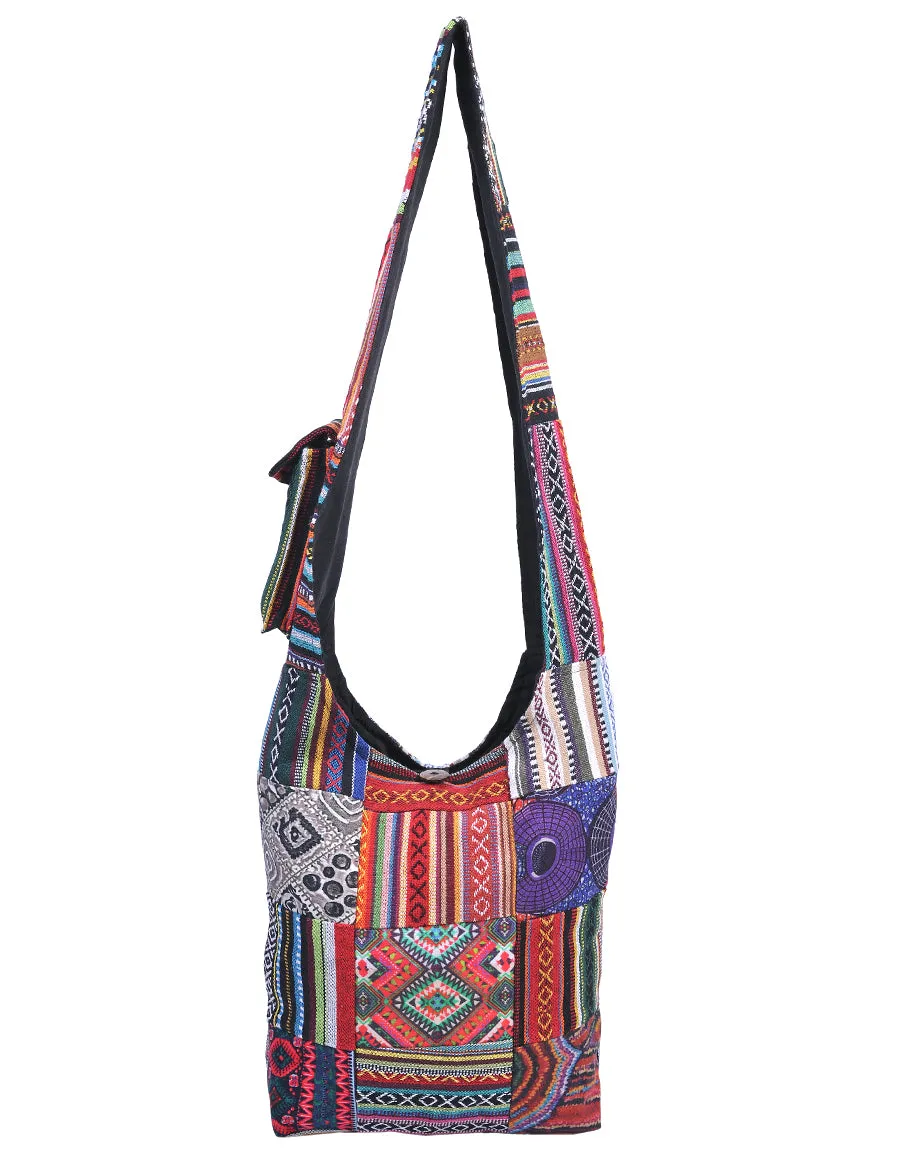 Patched Graphic Print Cotton Hippie Hobo Bag