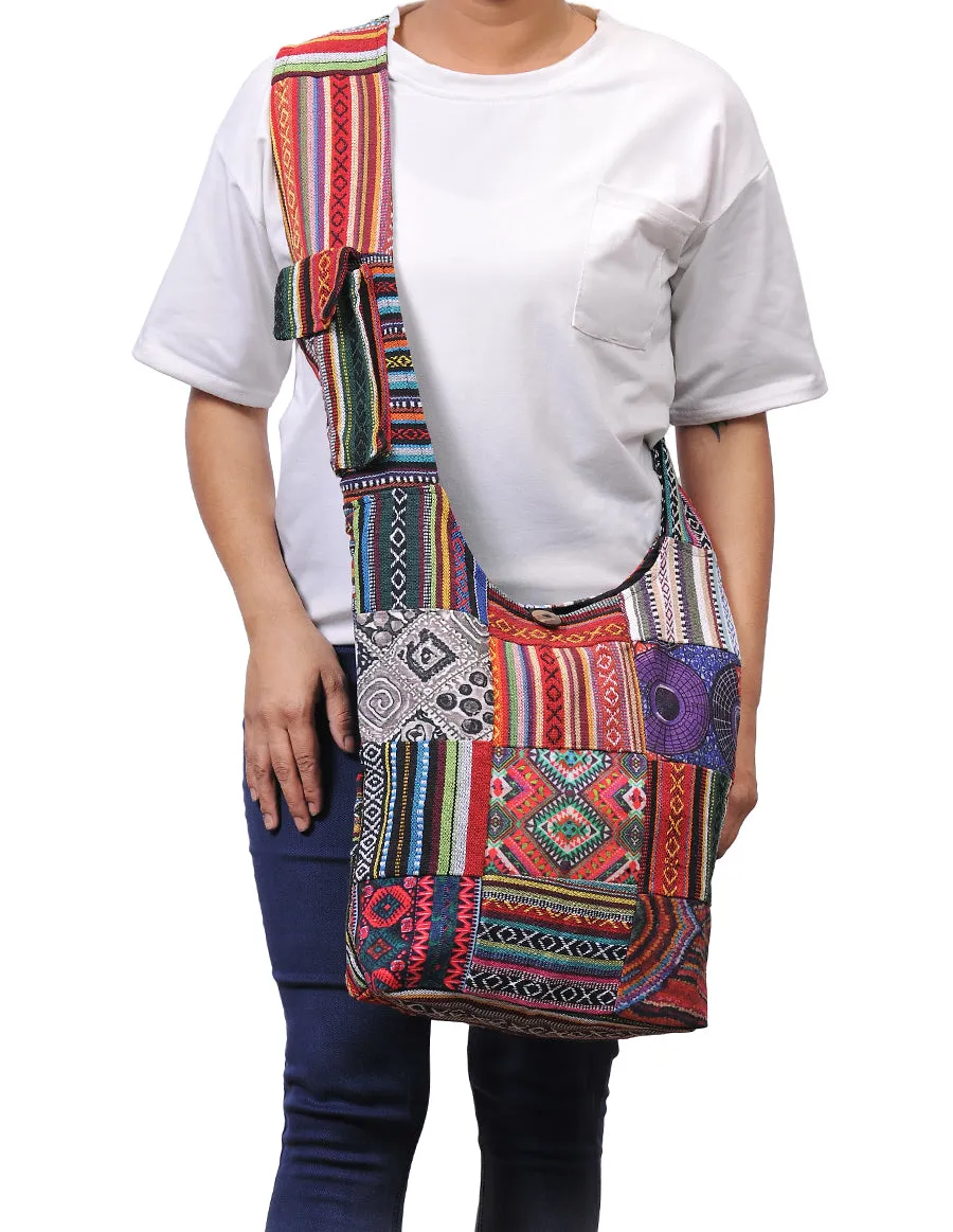 Patched Graphic Print Cotton Hippie Hobo Bag