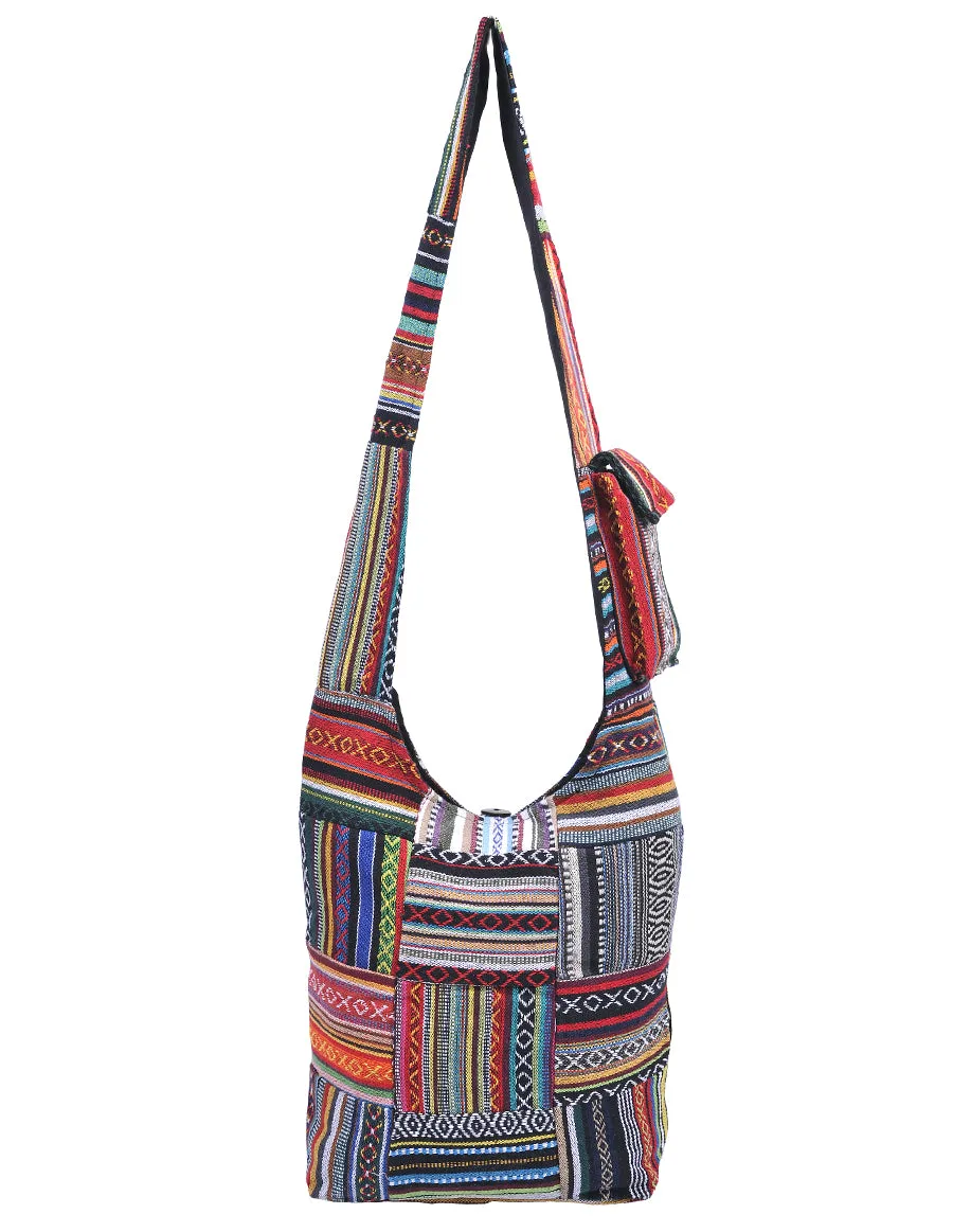 Patched Graphic Print Cotton Hippie Hobo Bag