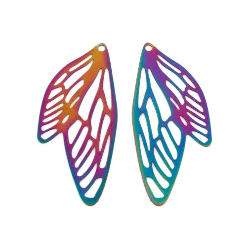 Pendants, Butterfly Wings, Laser-Cut, Rainbow, Electroplated, Alloy, 50mm