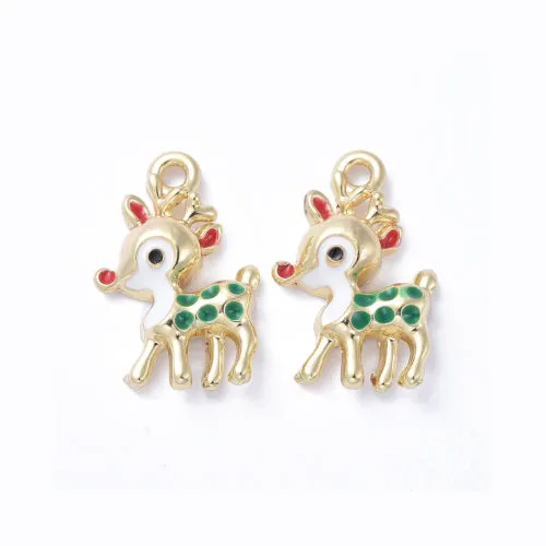 Pendants, Christmas, Deer, Single-Sided, Gold Plated, Multicolored, Enamel, 20mm