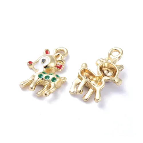 Pendants, Christmas, Deer, Single-Sided, Gold Plated, Multicolored, Enamel, 20mm