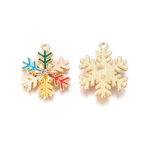 Pendants, Christmas Snowflake, Single-Sided, Crystal Rhinestones, Gold Plated, Multicolored, Enamel, 23.5mm