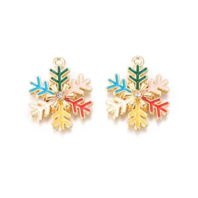 Pendants, Christmas Snowflake, Single-Sided, Crystal Rhinestones, Gold Plated, Multicolored, Enamel, 23.5mm