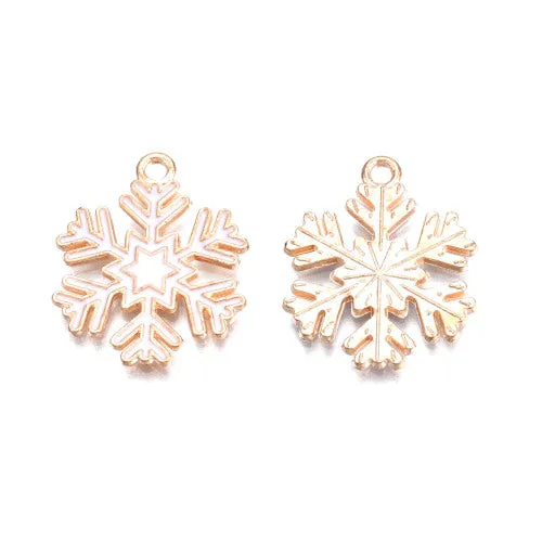 Pendants, Christmas Snowflake, Single-Sided, White, Enameled, Light Gold, Alloy, 22mm