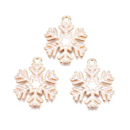 Pendants, Christmas Snowflake, Single-Sided, White, Enameled, Light Gold, Alloy, 22mm