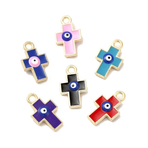 Pendants, Cross With Evil Eye, Enameled, Assorted, Light Gold Plated, Alloy, 15.5mm