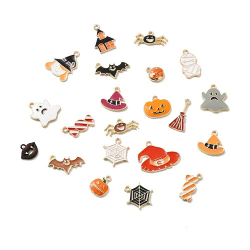 Pendants, Halloween Theme, Assorted, Multicolored, Enamel, Gold Plated, Alloy, 10-26mm