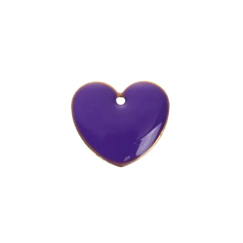 Pendants, Heart, Flat, Double-Sided, Purple, Enameled, Brass, Drops, 16mm