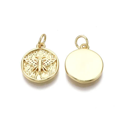 Pendants, Moth, Flat, Round, With Jump Ring, 18K Gold Plated, Brass, 15mm