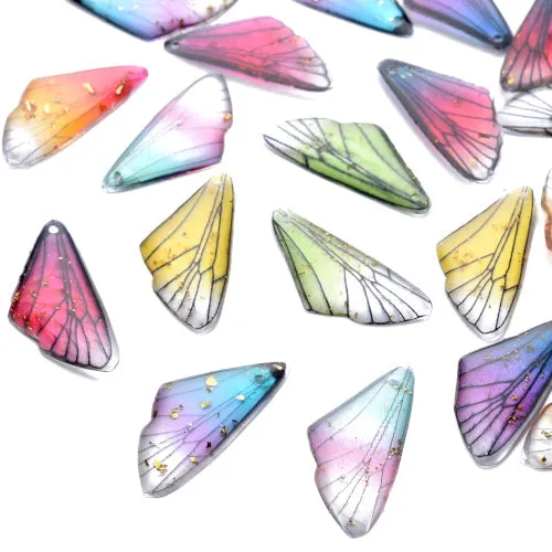 Pendants, Resin, Butterfly Wings, Transparent, Mixed Colors, With Gold Foil, 24.5mm