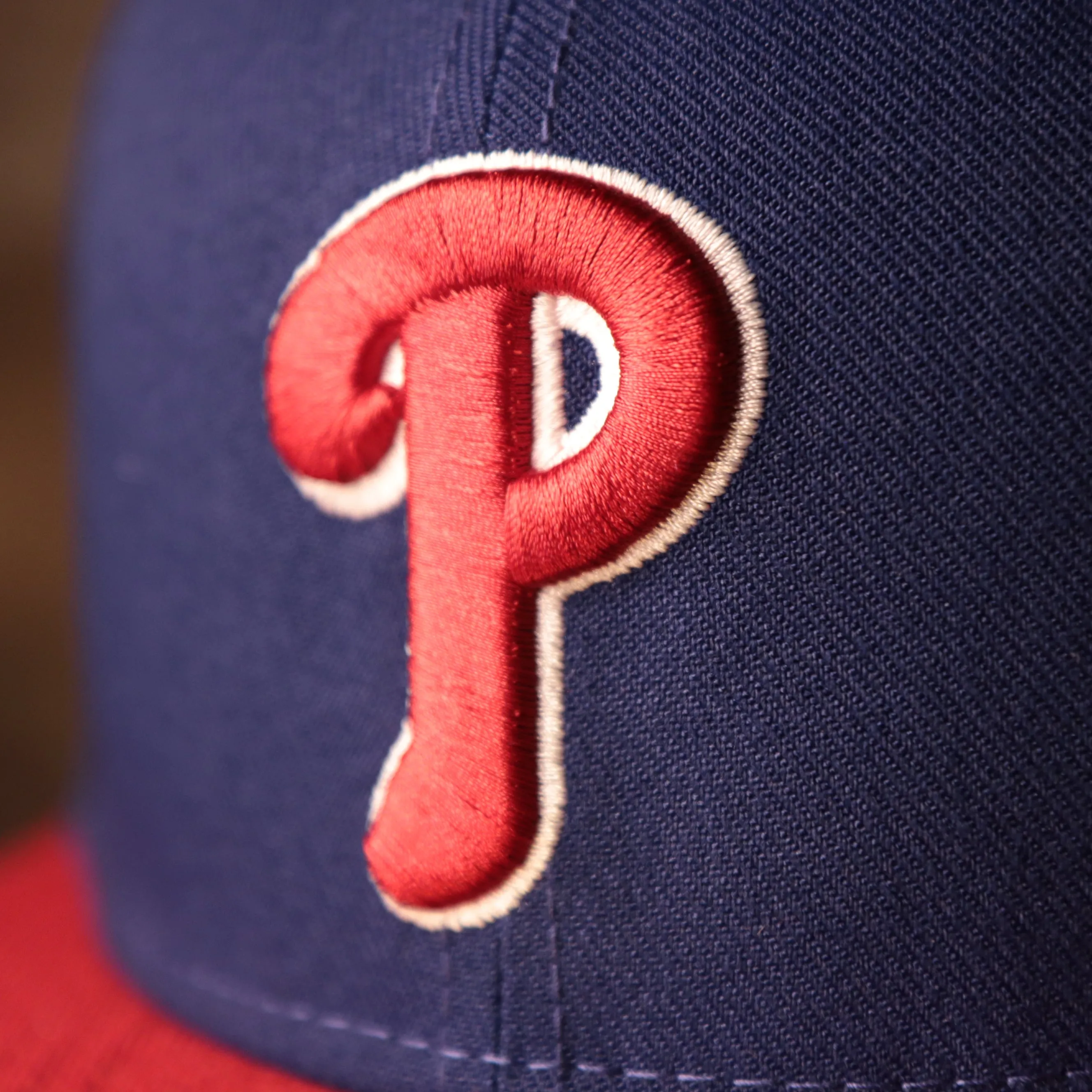 Phillies Black Bottom Fitted Cap | Philadelphia Phillies Red/Blue Game Worn Black Under Brim Fitted Hat