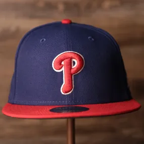 Phillies Black Bottom Fitted Cap | Philadelphia Phillies Red/Blue Game Worn Black Under Brim Fitted Hat