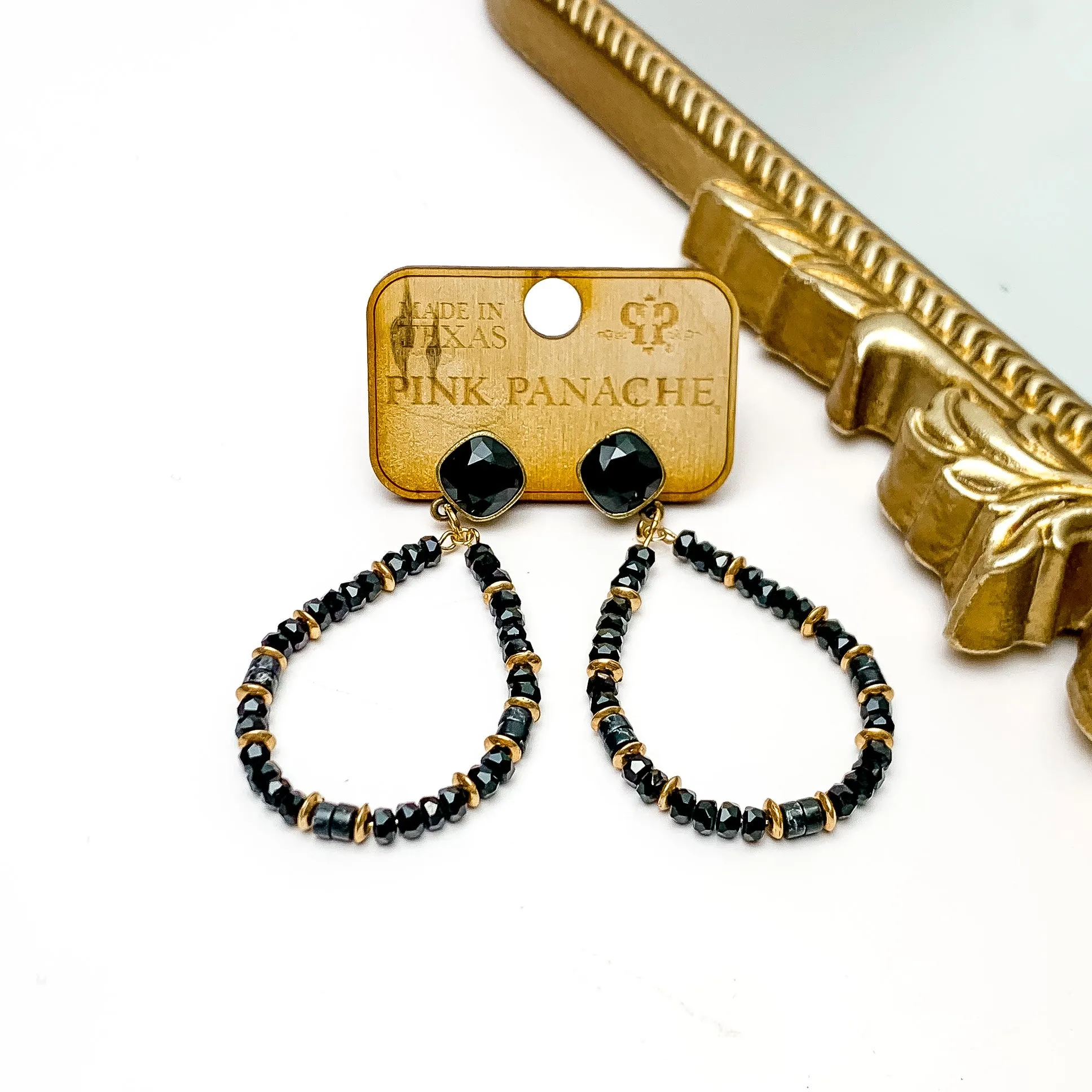 Pink Panache | Black Cushion Cut Post Earrings with Black and Gold Tone Beaded Teardrop Pendants