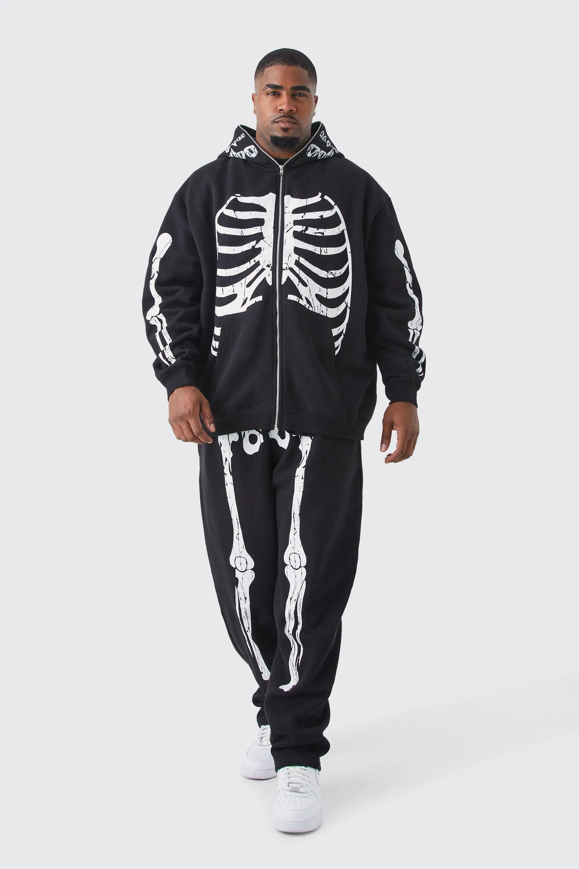 Plus Oversized Skeleton Zip Up Hood Tracksuit