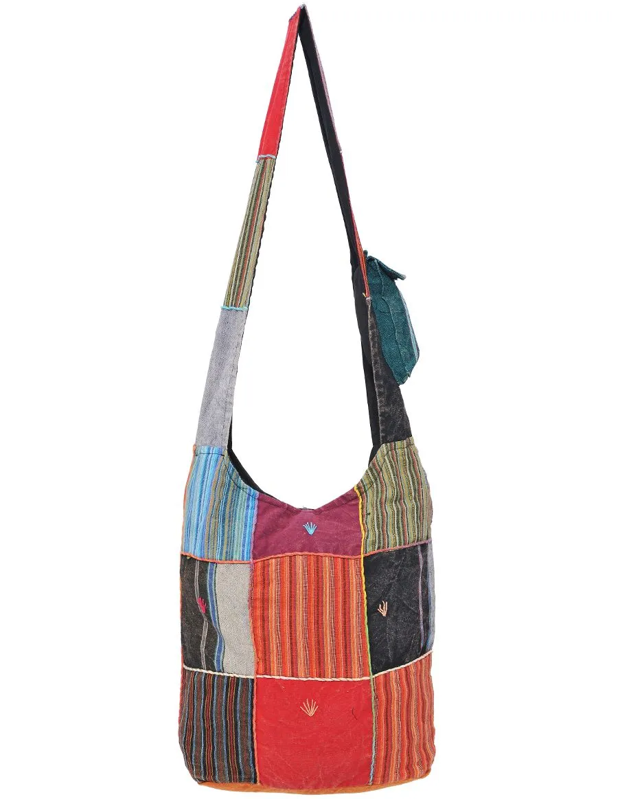 Pocket Detail Patchwork Cotton Hobo Bag