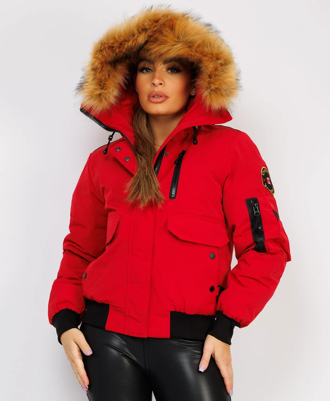 Red Canada Bomber Jacket With Fur Hood