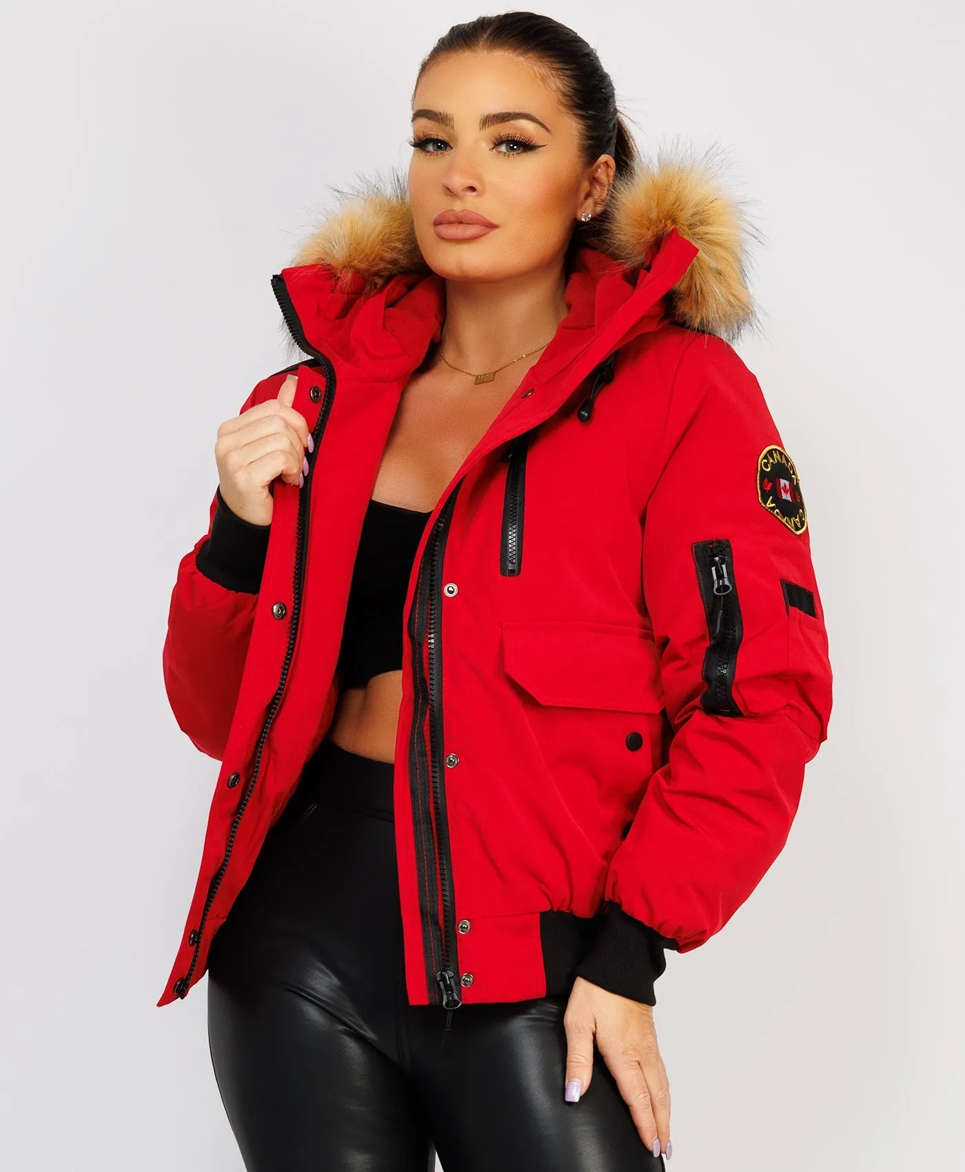 Red Canada Bomber Jacket With Fur Hood