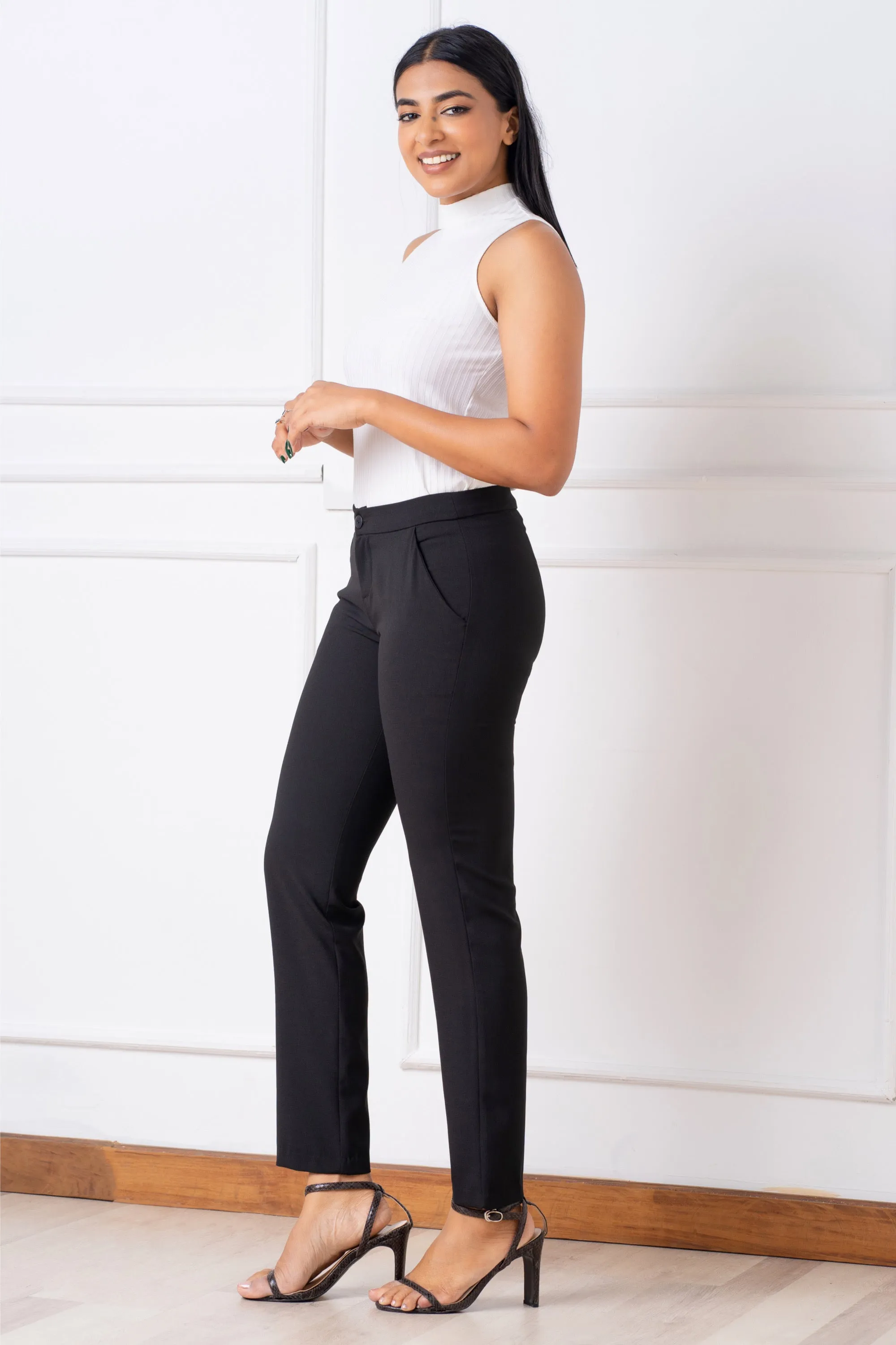 Regular Waist Front Button Slim Cut Pant- Slim Fit