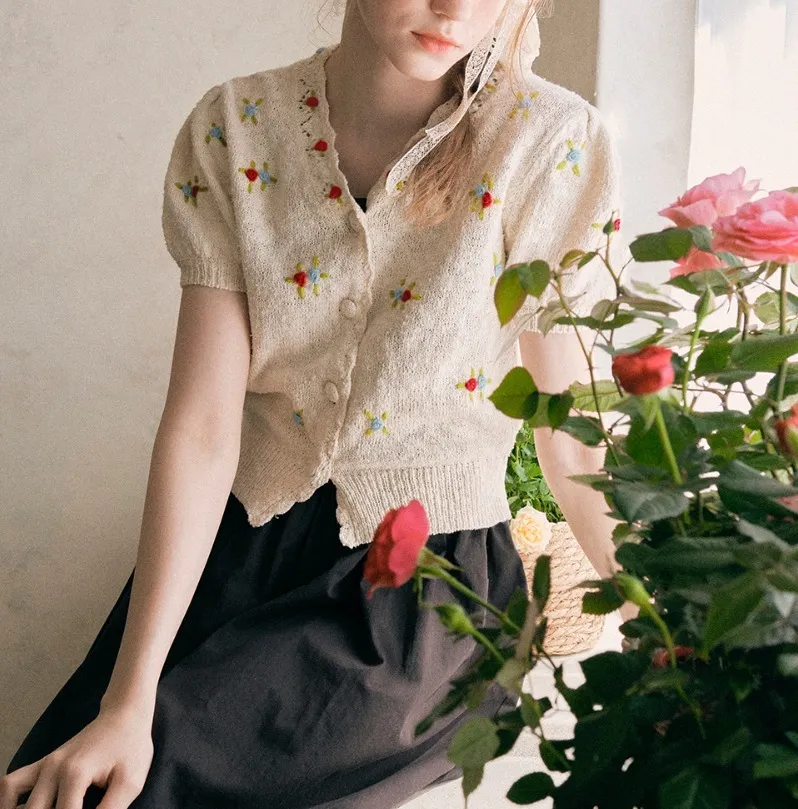 rolarola  |Flower Patterns Casual Style Plain Cotton Short Sleeves